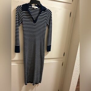 LOFT Navy and White Striped Long Sleeve Midi Dress